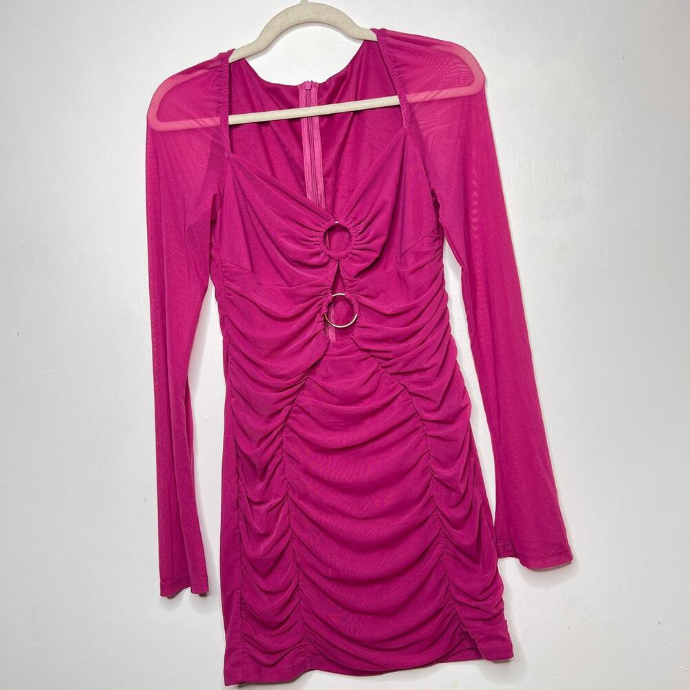 Fuchsia Pink O-Ring Cutout Ruched Bodycon Mini Dress Size L